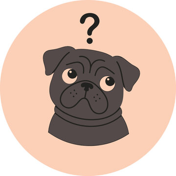 A cute cartoon illustration of a confused black pug dog with a question mark above its head