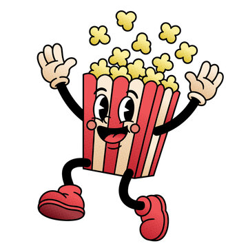 Happy Popcorn Mascot Cartoon Character Jumping With Popping Corn On Pink Background