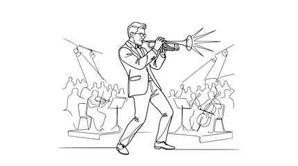 Fototapeta premium Musician playing trumpet with orchestra, line art, isolated
