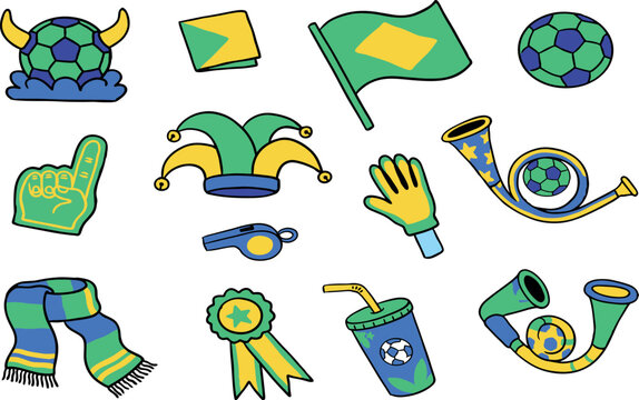 Brazil football fan accessories vector set with flag vuvuzela horn scarf foam finger and jester hat for soccer championship decoration
