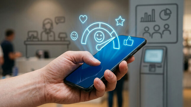 Customer satisfaction rating concept with hand holding a smartphone showing high score neon meter and social icons in a modern service environment.