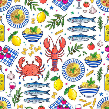 Mediterranean seafood and pasta cuisine seamless pattern illustration