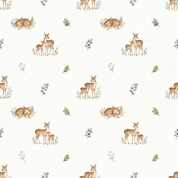 Cute deer fawns and delicate green leaves seamless pattern watercolor
