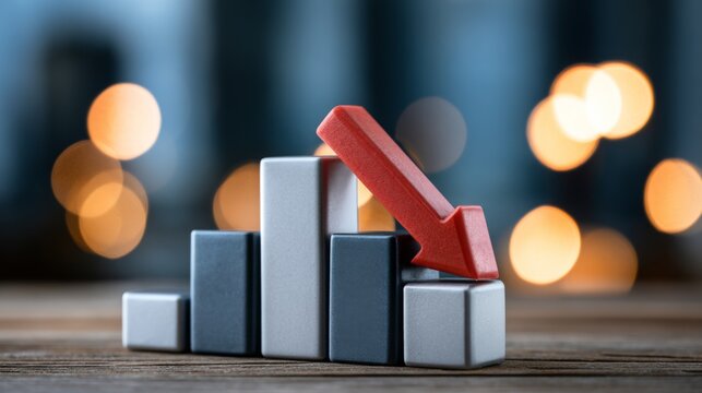 Abstract representation of declining business performance with blocks and a downward arrow in a blurred background of glowing lights