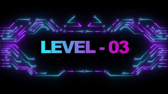 Level 03 gaming screen with neon cyberpunk circuit board background