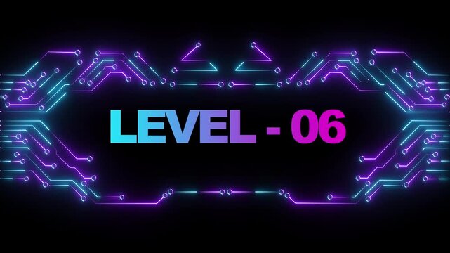 Level 06 neon gaming title card with glowing cyberpunk circuit board background