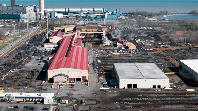 Aerial view of an industrial steel mill and plant zone
