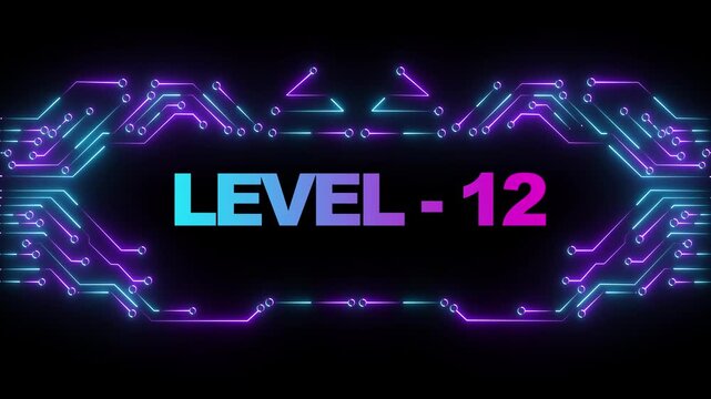 Level 12 neon gaming title with glowing cyberpunk circuit board background