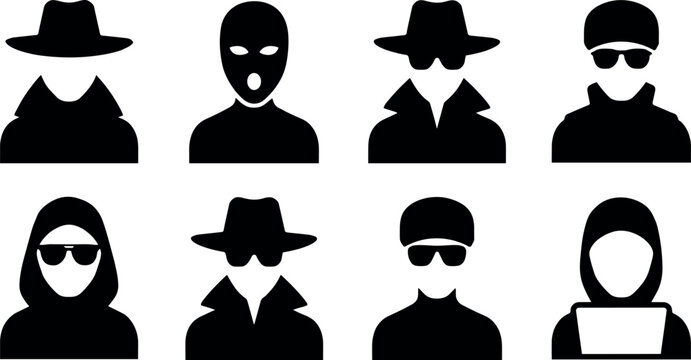 Anonymous hacker avatar set with black spy silhouette icons mysterious criminal thief and online cyber security threat concept vector