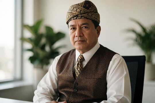 Middle aged Bruneian man wears traditional songkok headwear, patterned vest in office. Professional male executive shows cultural heritage, identity in business setting. Confident leader sits at desk