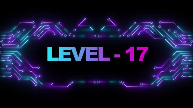 Level 17 neon cyberpunk gaming title screen with glowing circuit board animation