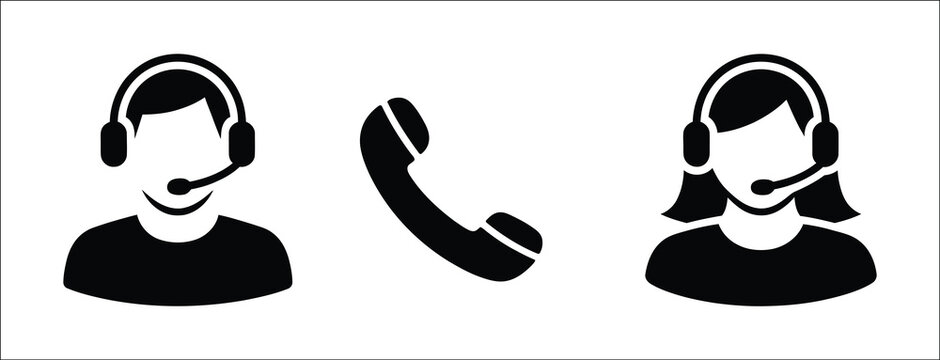 Customer service flat black icon set, male and female call center agents with headsets, telephone support symbols, help desk communication vector design
