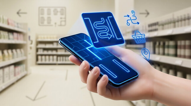 Smart retail technology concept featuring a hand holding a mobile phone with AR navigation in a grocery store with blue digital icons.