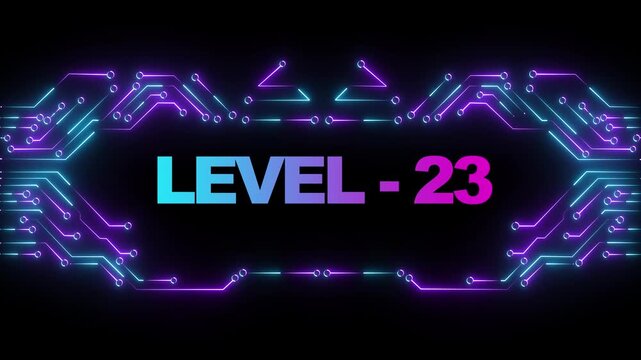 Neon cyberpunk level 23 title card with glowing digital circuit board background animation
