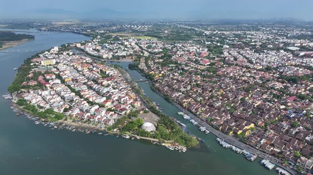 Aerial view of the ancient city of Hoi An and the Thu Bon River in Vietnam