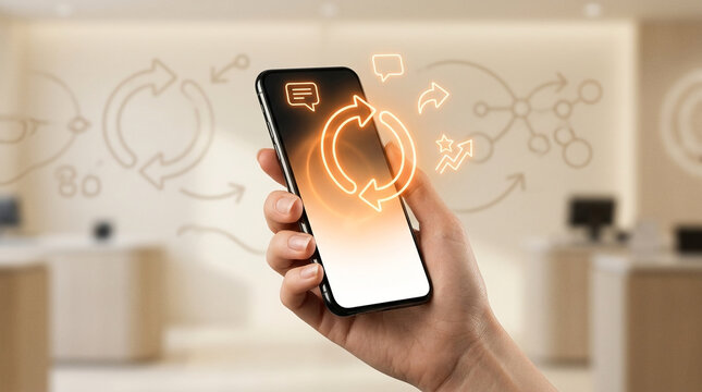 Hand Holding Smartphone with Glowing Orange Sync and Social Media Icons in Front of Blurred Office Room for Digital Technology Business Concept