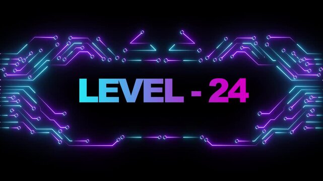 Neon circuit board level 24 gaming background, with glowing digital interface