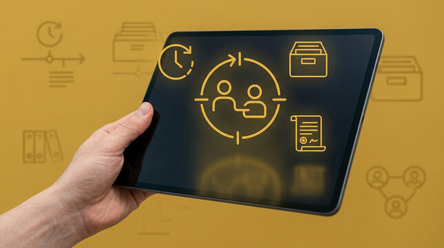 Professional Hand Holding Tablet Displaying Glowing Human Resources Recruitment and Document Management Icons on Mustard Yellow Backdrop