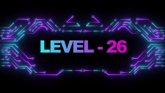 Level 26 neon gaming interface with glowing cyber circuit board background