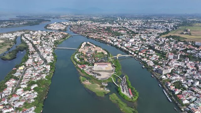 Aerial view of the ancient city of Hoi An and the Thu Bon River in Vietnam