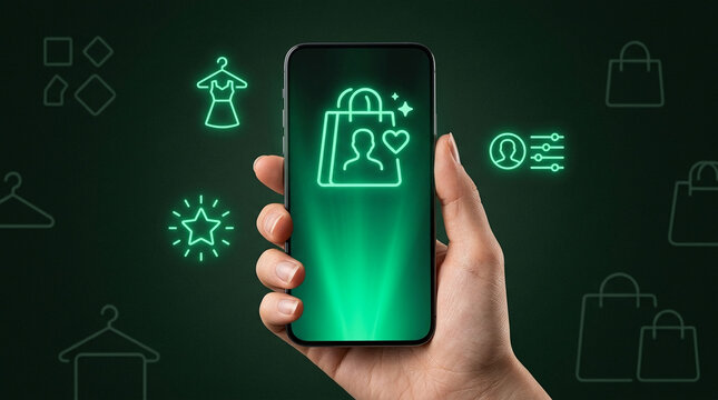 A hand holding a smartphone showing neon green shopping icons representing personalized retail experience and mobile e-commerce technology on dark background