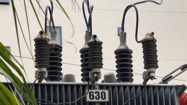 Close Up of Electrical Distribution Transformer with Porcelain Bushings