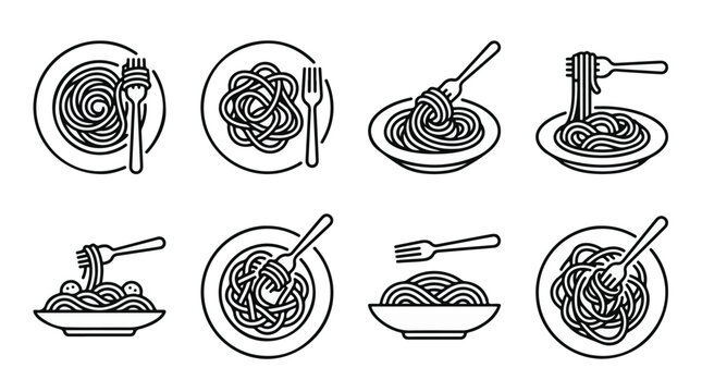 Spaghetti Pasta Plate Line Art Icons Set Vector Illustration
