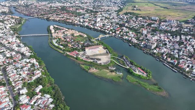 Aerial view of the ancient city of Hoi An and the Thu Bon River in Vietnam
