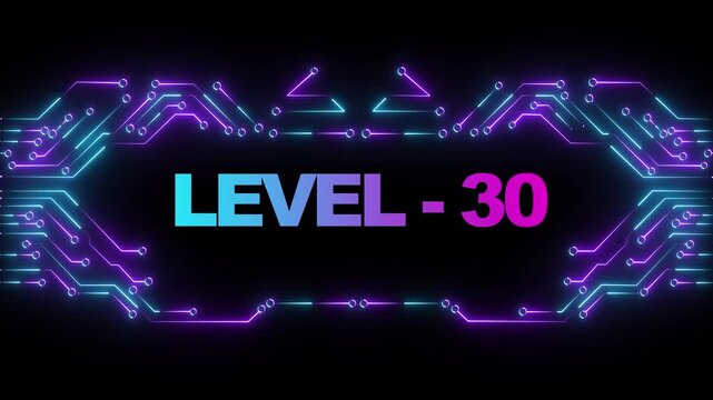 Level 30 neon gaming screen with glowing cyber circuit board background