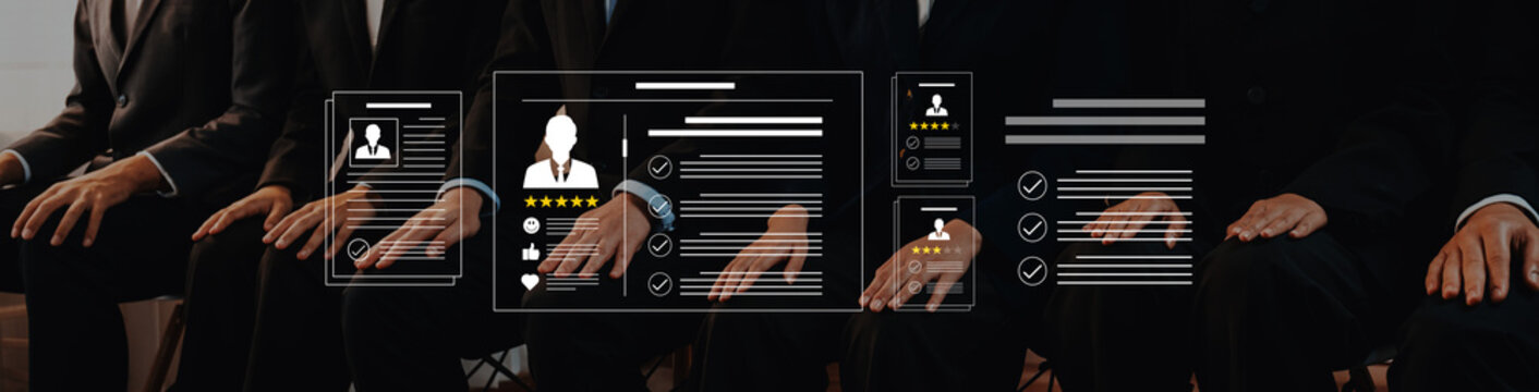 A group of businessmen in suits focuses on a digital resume interface, emphasizing modern recruitment practices and candidate assessments in a corporate setting. Cyphers
