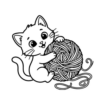 Cute kitten playing with yarn ball coloring book page vector illustration, cat line art