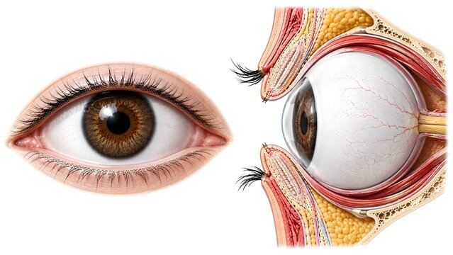 Upper and Lower Eyelid Anatomy with Eye Cross Section and Meibomian Glands