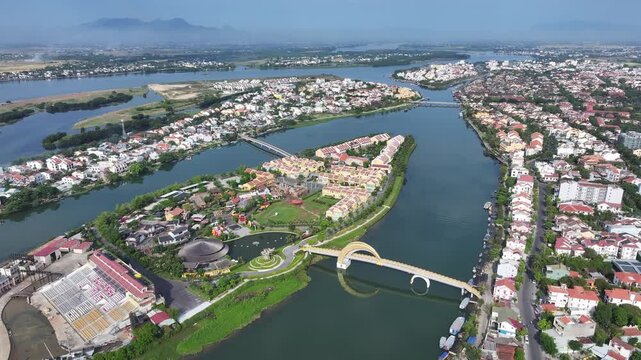 Aerial view of the ancient city of Hoi An and the Thu Bon River in Vietnam