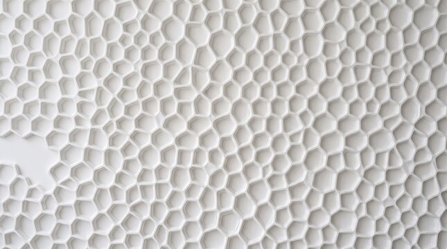 Abstract white 3D honeycomb geometric texture featuring irregular hexagonal cellular pattern with soft shadows and depth, suitable for minimalist design, architectural surface