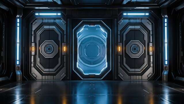 Futuristic scifi corridor with glowing blue lights