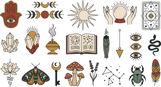 Mystic and Witchcraft Esoteric Vector Element Set Featuring Crystal Ball, Tarot Card, Hamsa Hand, Moon Phases, Magic Spell Book, and Evil Eye Icons