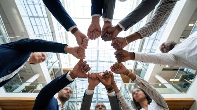 Diverse business team joining hands together in circle symbolizing unity, partnership and collaboration success, corporate group teamwork, low angle view of professionals