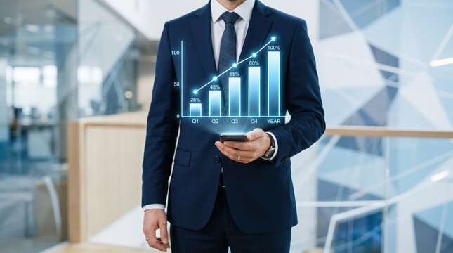 Businessman in suit holding smartphone displaying holographic growing bar chart graph, financial success, corporate strategy, quarterly earnings report, Q1 to Q4 growth