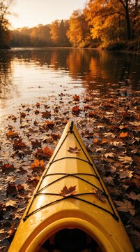 Yellow kayak floats on water amidst fallen autumn leaves. Tall trees with orange and yellow foliage line the tranquil riverbank. Gentle sunlight reflects on the calm lake surface.