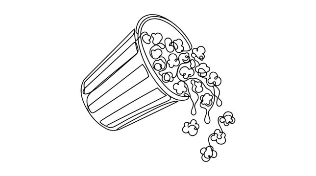 Minimalist continuous line drawing of popcorn spilling from a cup, isolated on white