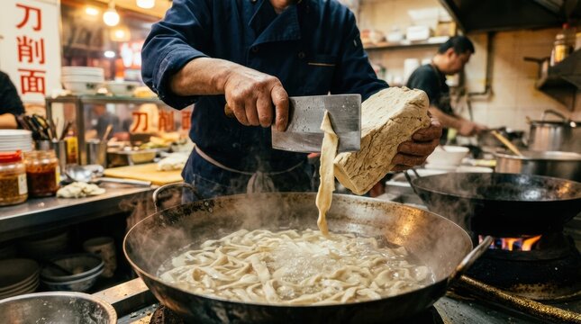 A chef's hands cutting fresh noodles (dao xiao mian - knife-cut noodles) directly into a boiling pot, the blade slicing strips from a block of dough. The noodles are thick, the chef's hands are steady