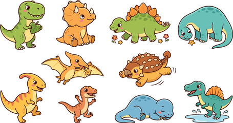 Cute Cartoon Dinosaur Vector Set Featuring Tyrannosaurus Rex Triceratops Stegosaurus Brachiosaurus Pterodactyl and Spinosaurus Characters for Kids Patterns and Nursery Designs © Saidi