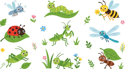 Naklejka premium Cute Cartoon Garden Bugs and Insects Character Set with Adorable Ladybug Caterpillar Bee Grasshopper Praying Mantis Dragonfly and Ant Vector Illustration Collection