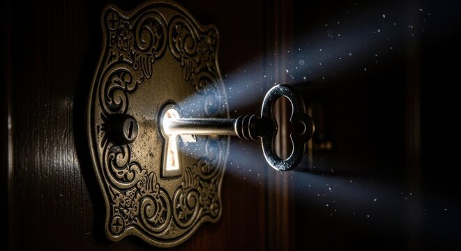 Mysterious and magical vintage antique brass skeleton key inserted into an ornate decorative escutcheon keyhole on a dark wooden door, with glowing bright light beams shining through the opening and