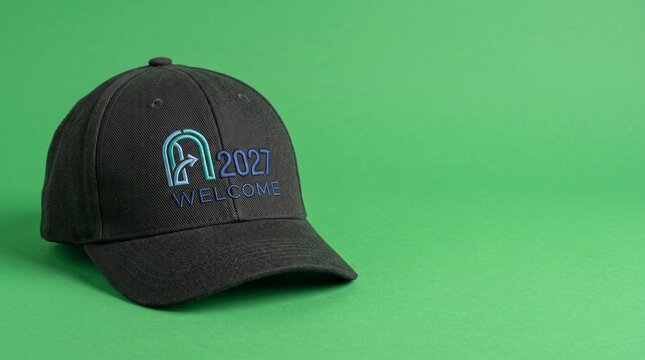 A black baseball cap with a 2027 welcome design on a green background.