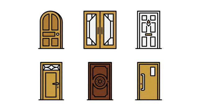 A collection of various door designs and styles presented as simple flat vector icons.