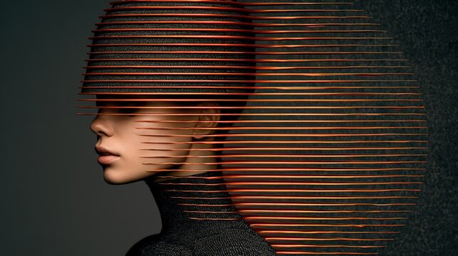 Abstract profile of persons face dissolving into smooth fluid vibrating cymatic sound patterns of liquid copper with dark slate grey background.