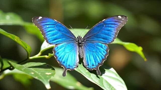 Ultra Realistic Blue Morpho Butterfly Resting on Tropical Leaf in Rainforest