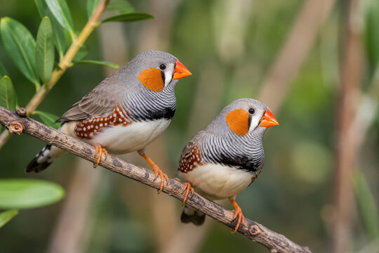 Pair of Zebra Finches Perched on Branch in Natural Green Setting