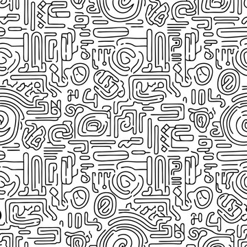 Monochrome abstract maze doodle seamless pattern with intricate black lines on white background